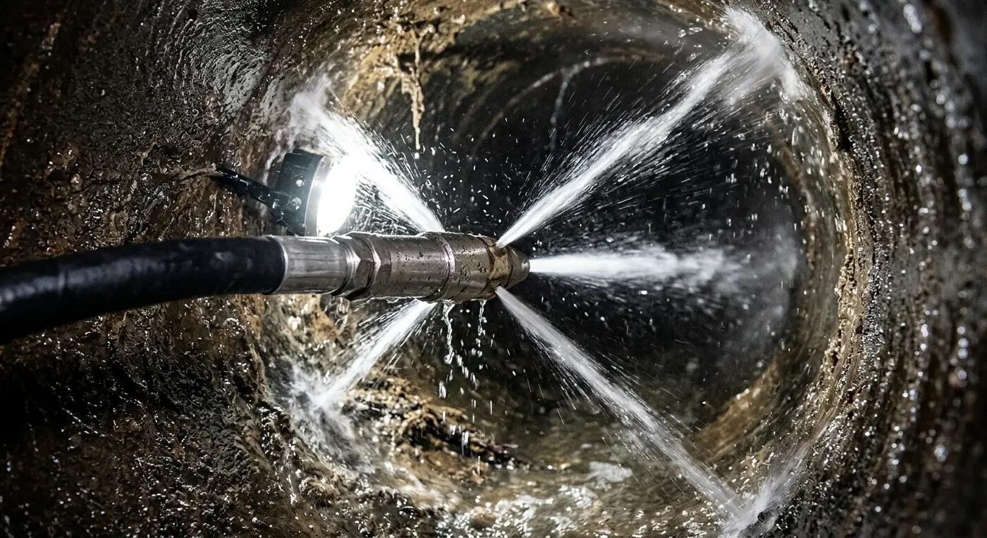 High-pressure hydro jetting nozzle cleaning sewer pipe for Sewer Cleanout in Portland