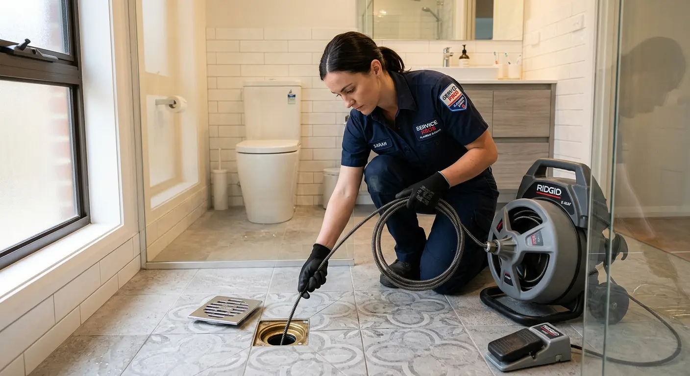 Technician clearing a bathroom floor drain for Drain Cleaning in Portland